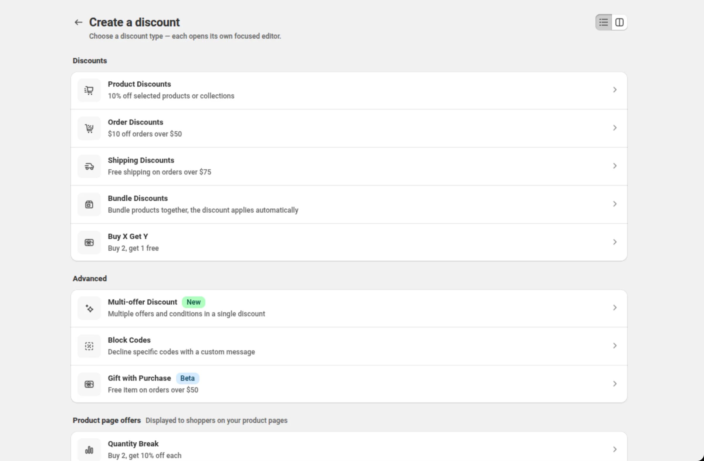The Create discount menu with the Discounts section listing Product Discounts, Order Discounts and Shipping Discounts, each with a one-line example