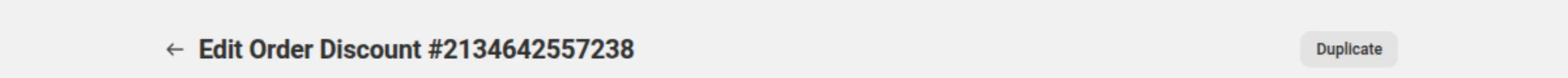 The header of a saved order discount with the Duplicate button on the right