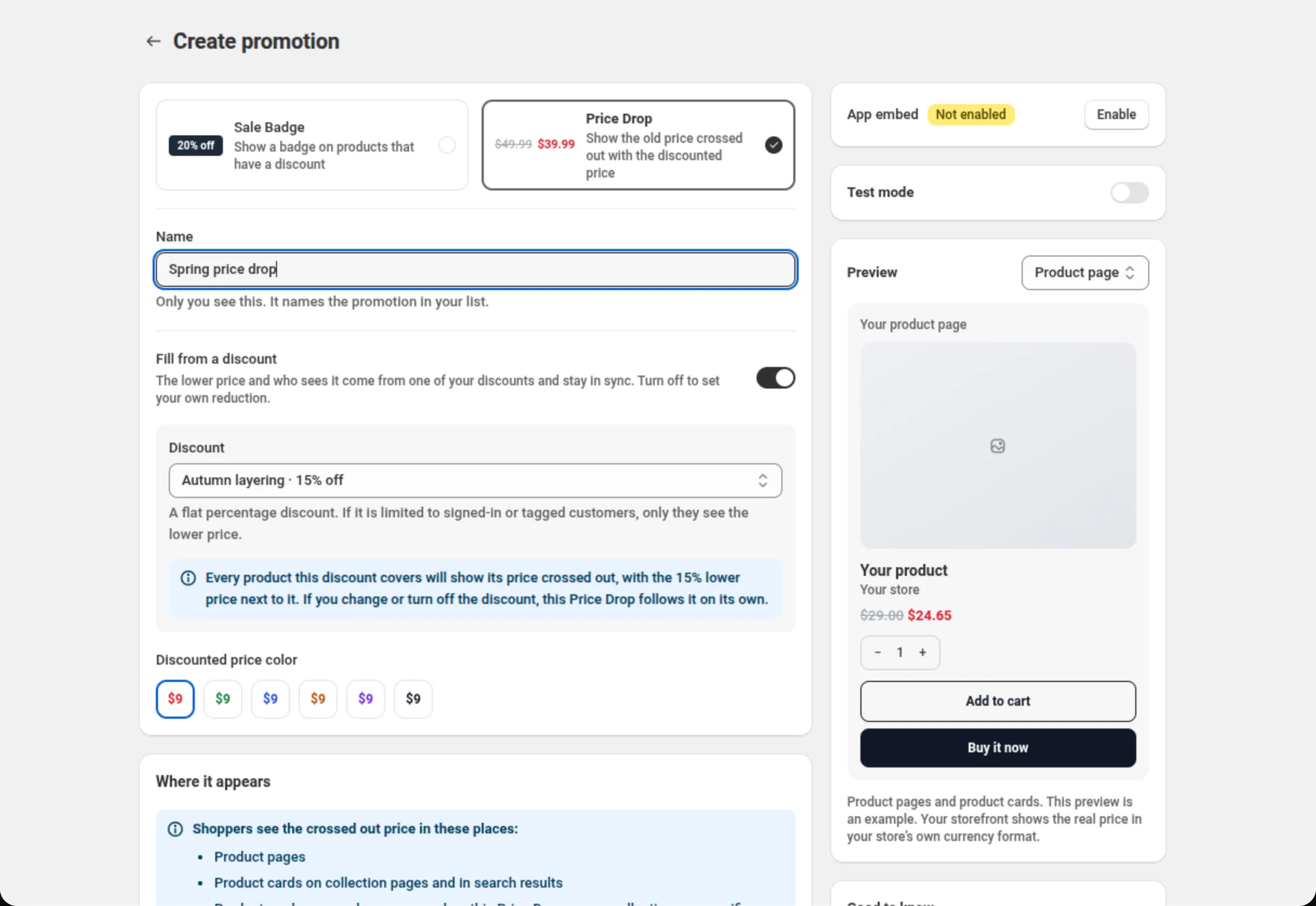 The Create promotion page with Price Drop selected, Name set to Spring price drop, the Discount select showing a 15% product discount, the Discounted price color swatches, and the preview on the right showing the old price crossed out next to the lower price