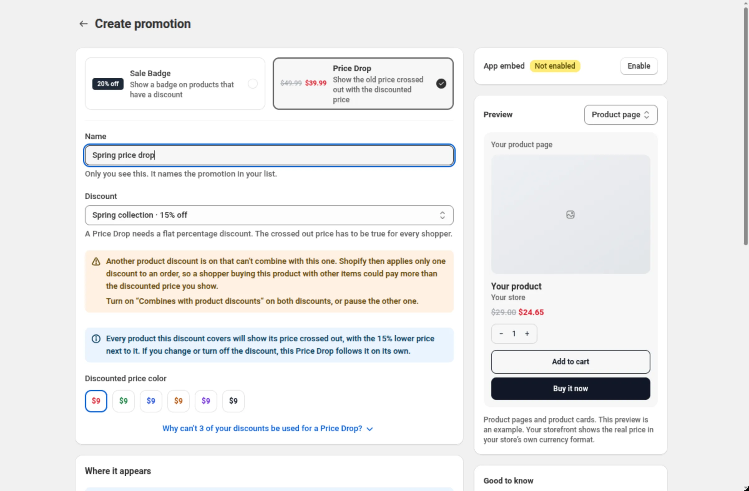 The Create promotion page with Price Drop selected, Name set to Spring price drop, the Discount select showing a 15% product discount, the Discounted price color swatches, and the preview on the right showing the old price crossed out next to the lower price