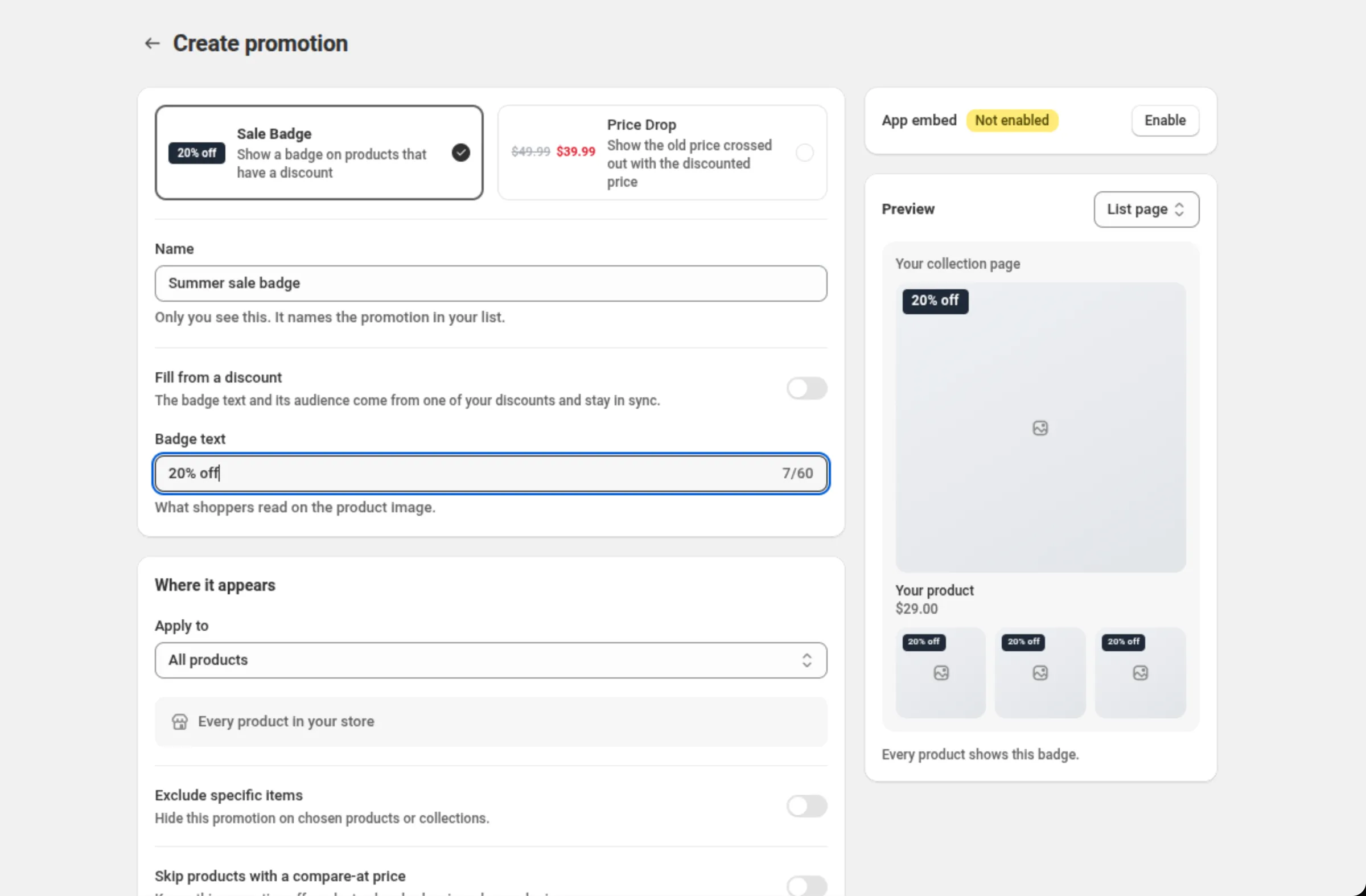The Create promotion page with Sale Badge selected, Name set to Summer sale badge, Fill from a discount switched off, Badge text 20% off, and the live preview on the right showing the badge on a product card