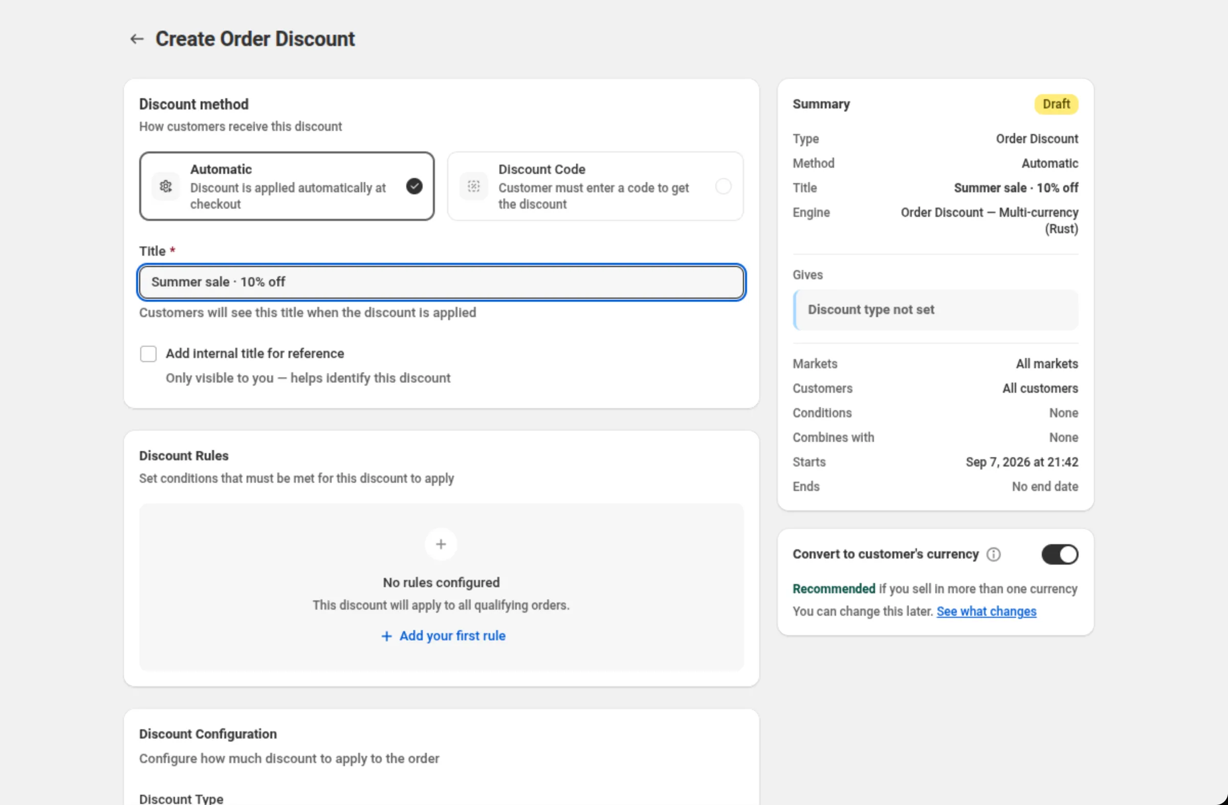 The Create Order Discount page with Automatic selected in the Discount method card and Summer sale · 10% off typed into the Title field. The Summary card on the right shows Type Order Discount, Method Automatic and the title.