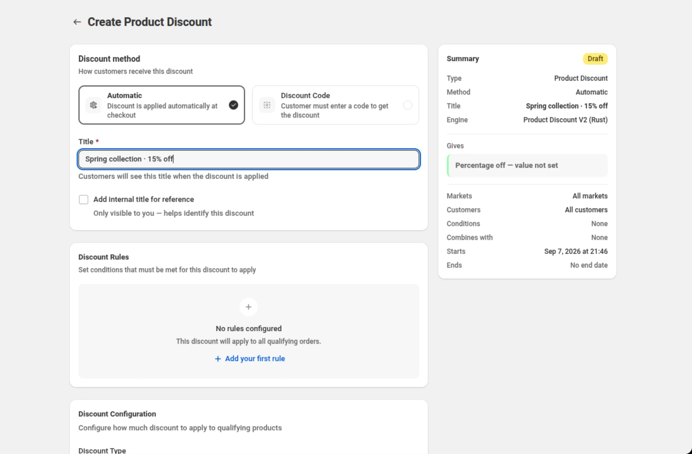 The Create Product Discount page with the Discount method card set to Automatic, the Title field reading Spring collection · 15% off, an empty Discount Rules card, and a Summary card showing Type, Method, Title, Engine, Gives, Markets, Customers, Conditions, Combines with, Starts and Ends