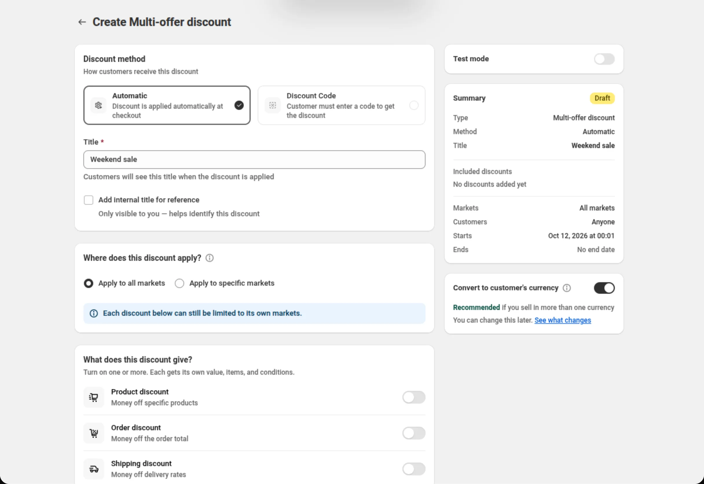 הנחת Multi-offer עם הכרטיס Convert to customer's currency בטור הימני, דלוק