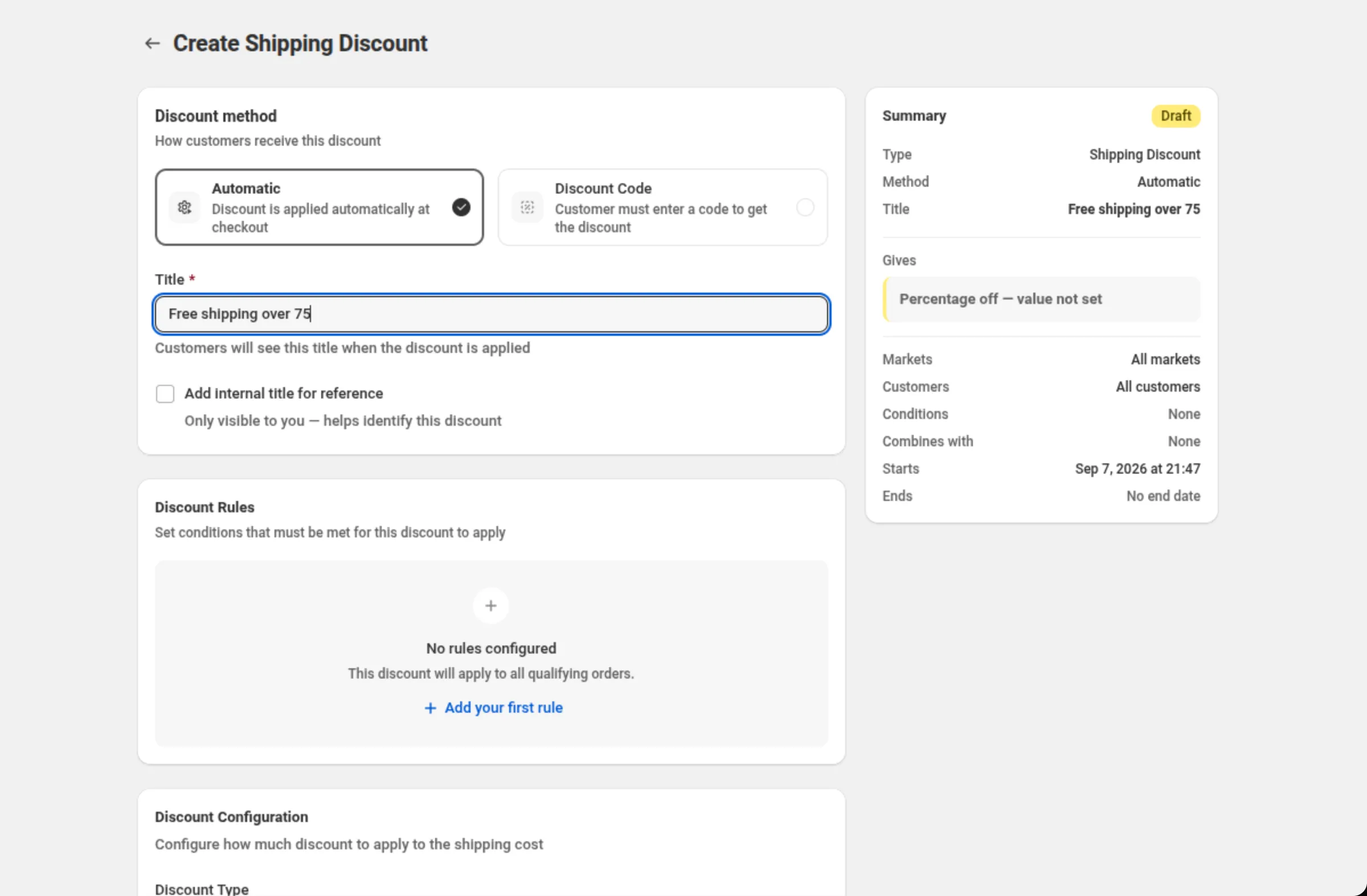 The Create Shipping Discount page with the Discount method card set to Automatic, the Title field reading Free shipping over 75, an empty Discount Rules card, and a Summary card showing Type, Method, Title, Gives, Markets, Customers, Conditions, Combines with, Starts and Ends