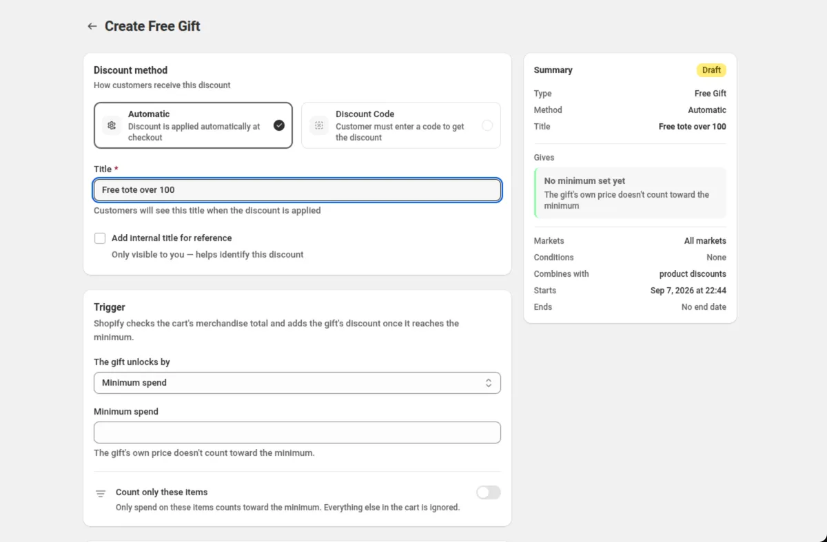 The Create Free Gift page with the title Free tote over 100, the Trigger card set to Minimum spend, and the summary on the right reading No minimum set yet