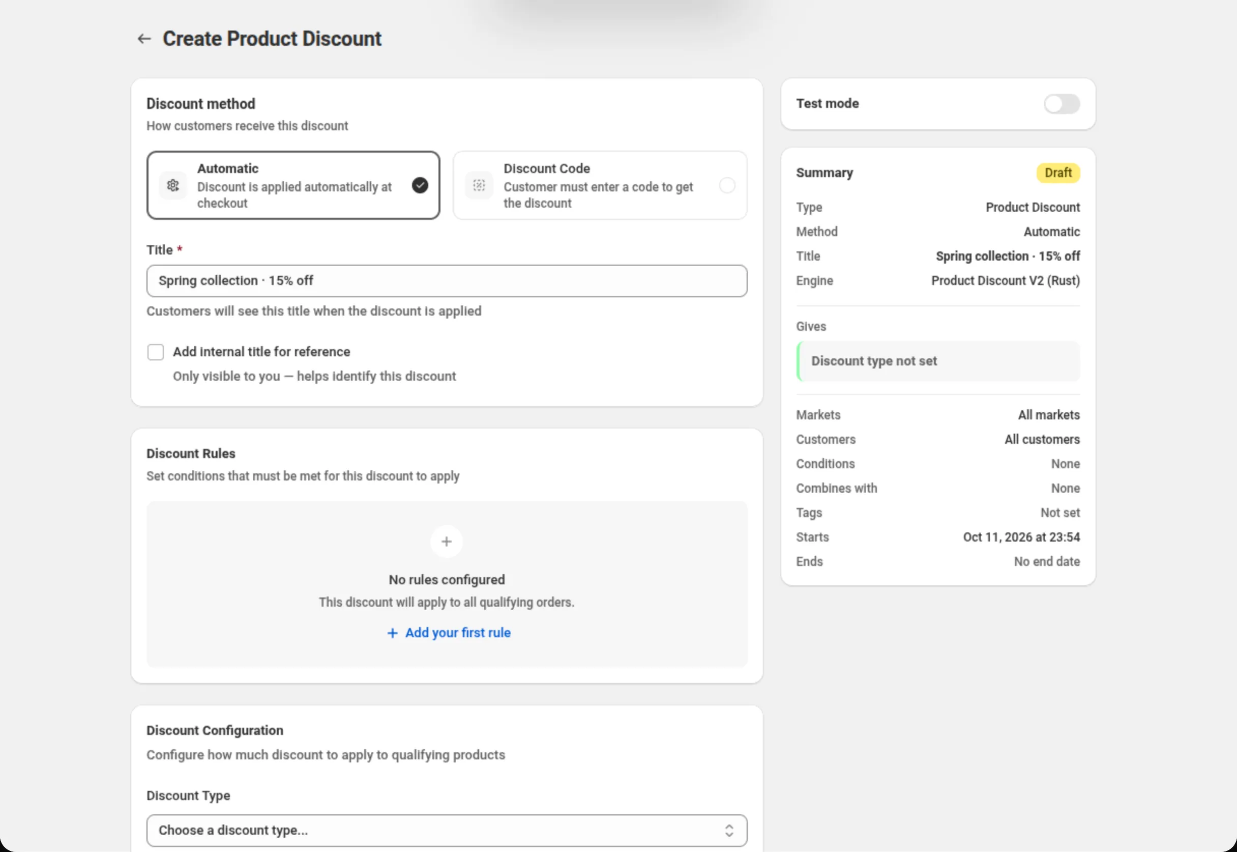 De pagina Create Product Discount met de kaart Discount method op Automatic, het veld Title met de tekst Spring collection · 15% off, een lege kaart Discount Rules en een kaart Summary met Type, Method, Title, Engine, Gives, Markets, Customers, Conditions, Combines with, Tags, Starts en Ends. Boven de Summary de kaart Test mode, uitgeschakeld