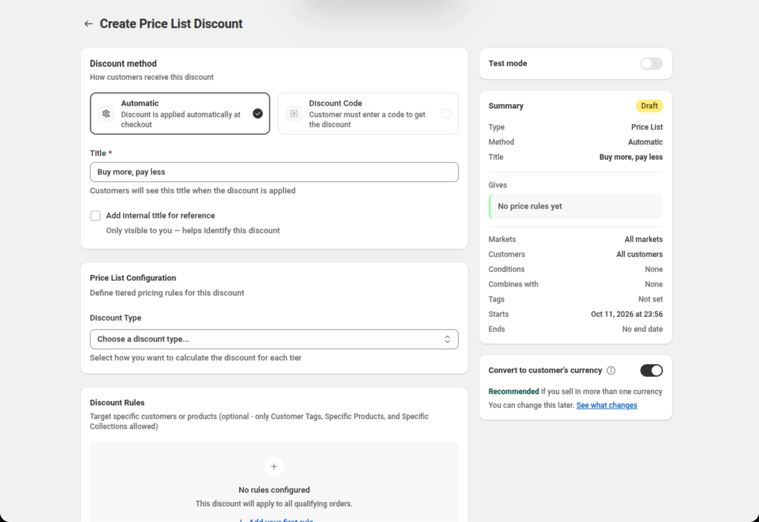 La pagina Create Price List Discount con il campo Title che riporta Buy more, pay less, la scheda Price List Configuration che mostra il menu Discount Type, una scheda Discount Rules vuota, e una scheda Summary la cui riga Gives dice No price rules yet. Sopra la scheda Summary, la scheda Test mode, disattivata