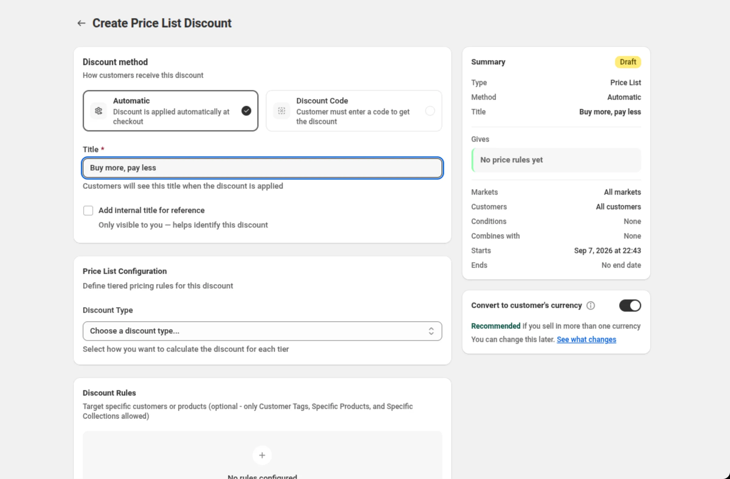 The Create Price List Discount page with the Title field reading Buy more, pay less, the Price List Configuration card showing the Discount Type select, an empty Discount Rules card, and a Summary card whose Gives row reads No price rules yet