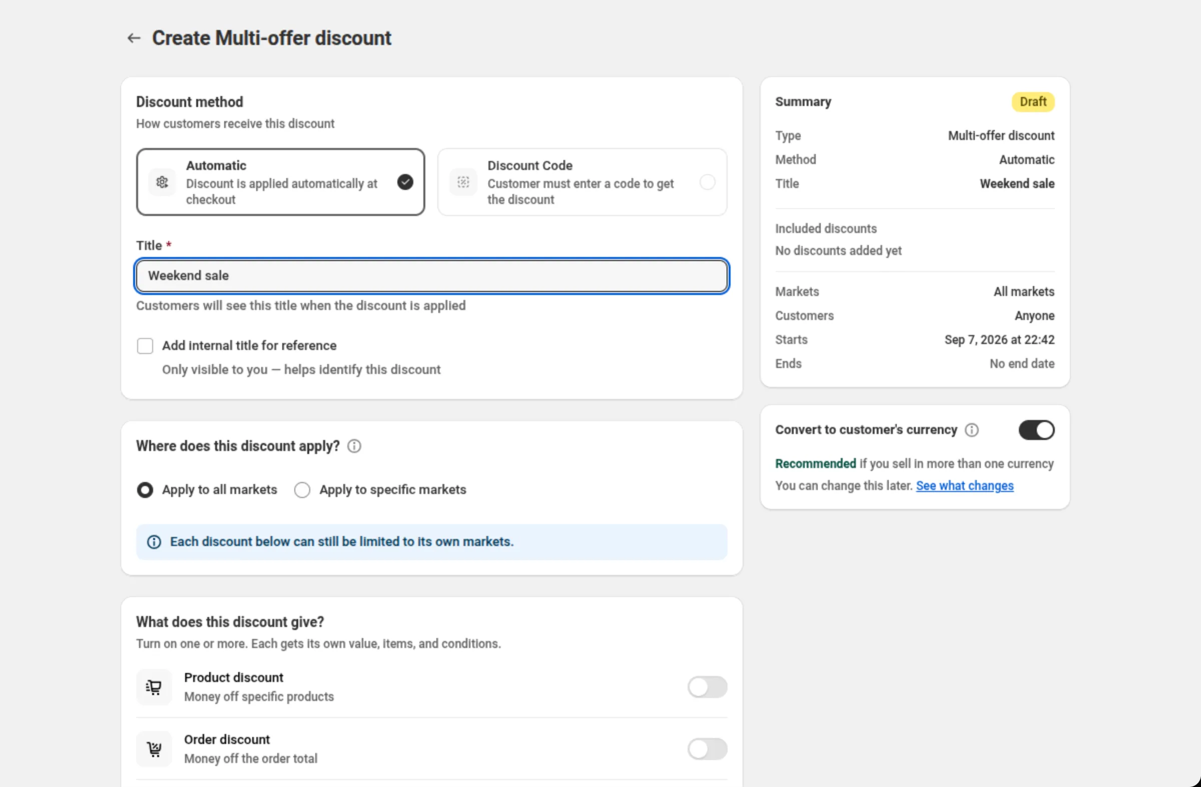 A multi-offer discount with the Convert to customer's currency card in the right column switched on