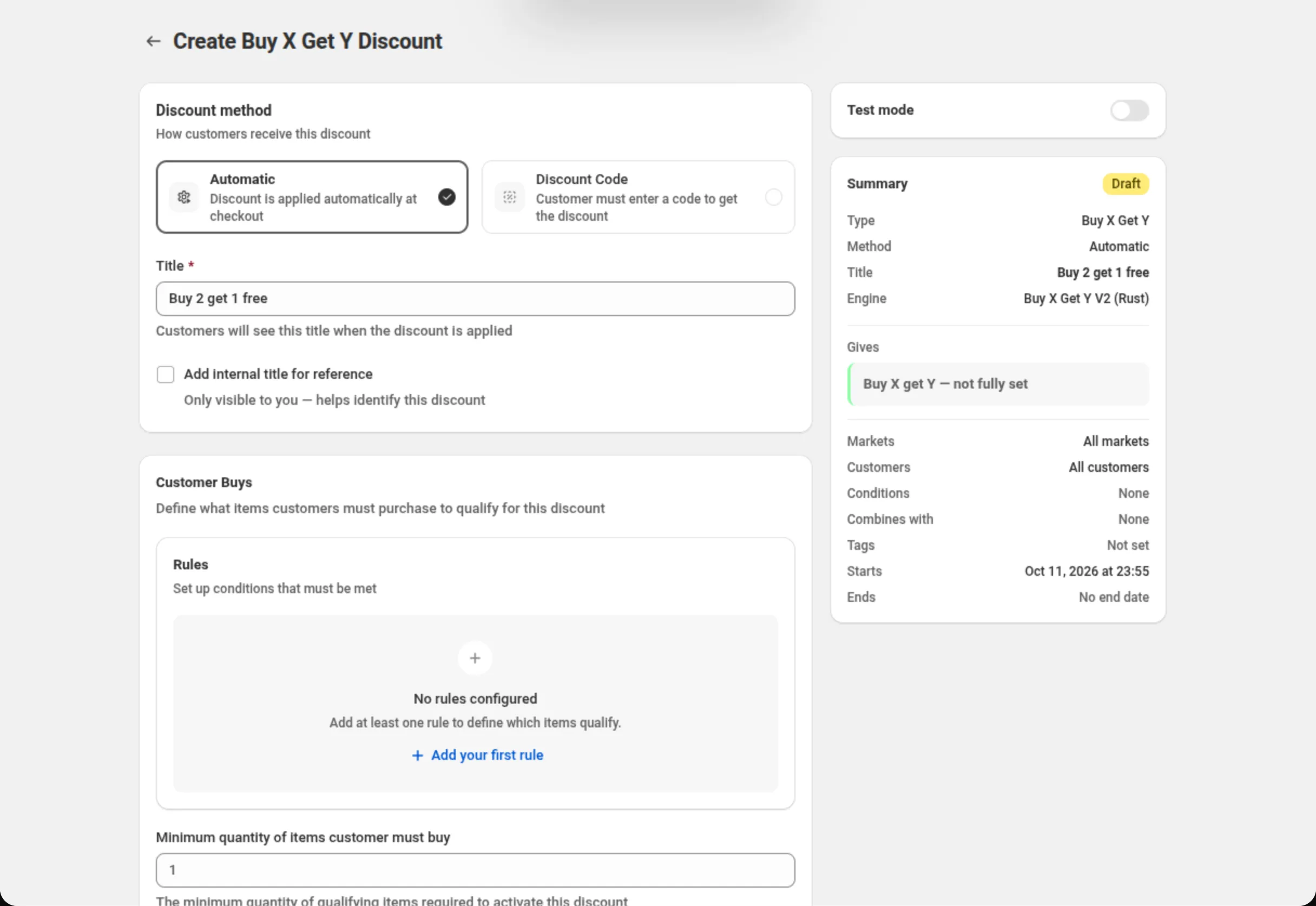 A página Create Buy X Get Y Discount com o cartão Discount method em Automatic, o campo Title com o texto Buy 2 get 1 free, o cartão Customer Buys com o construtor de regras vazio e um botão Add your first rule, e o cartão Summary à direita. Acima do Summary, o cartão Test mode, desligado
