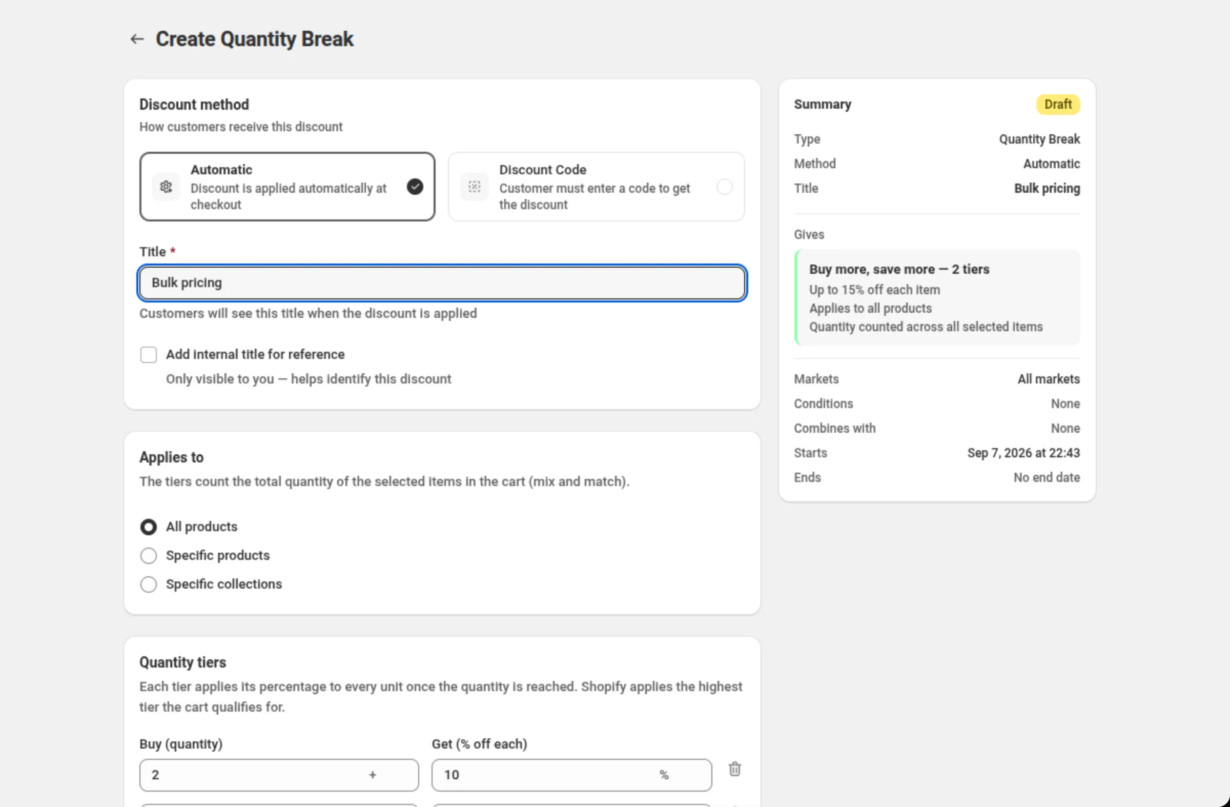 The Create Quantity Break page with the Title field reading Bulk pricing, the Applies to card offering All products, Specific products and Specific collections, the Quantity tiers card with two rows, and a Summary card reading Buy more, save more — 2 tiers, Up to 15% off each item