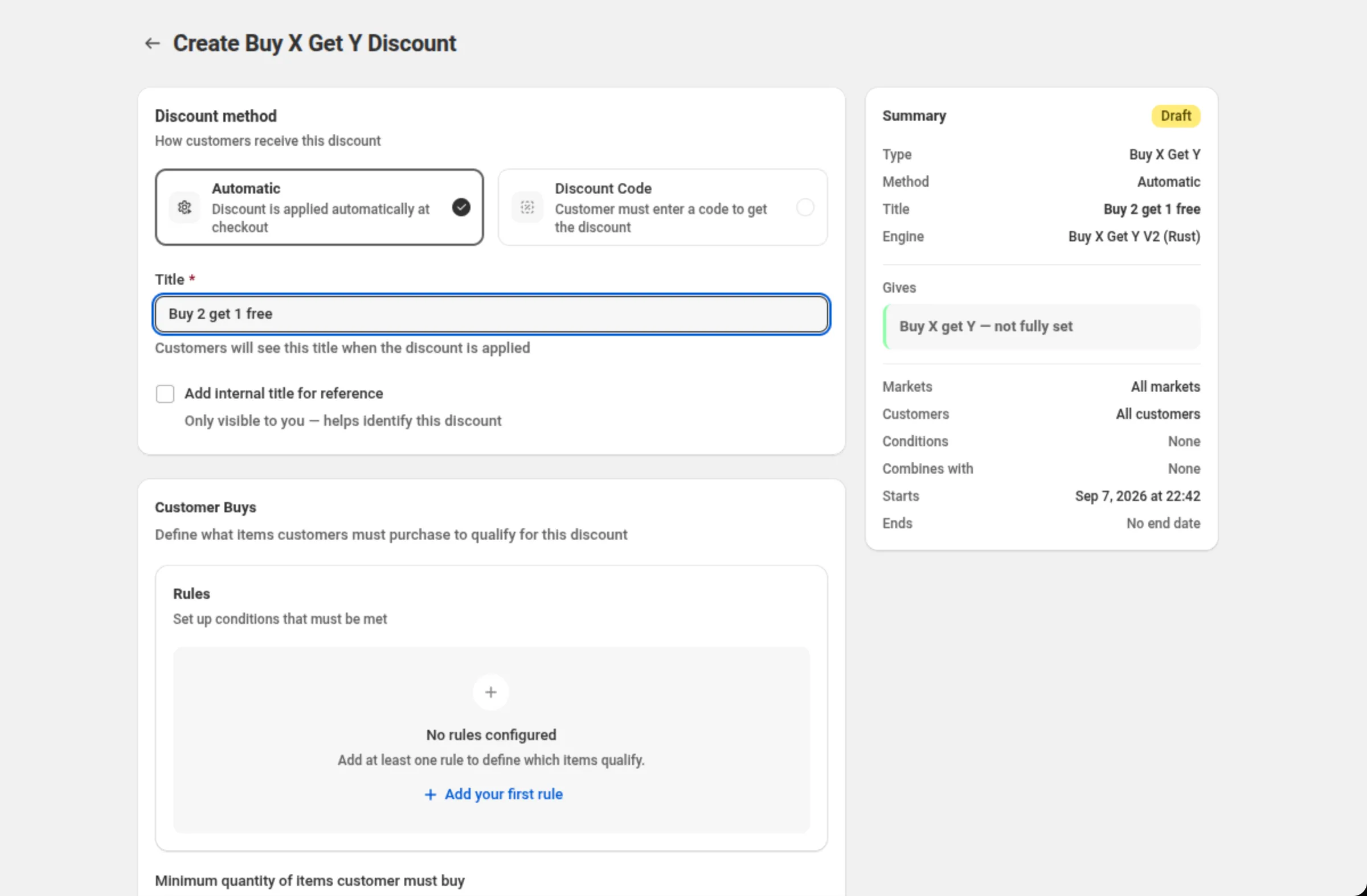 The Create Buy X Get Y Discount page with the Discount method card set to Automatic, the Title field reading Buy 2 get 1 free, the Customer Buys card with an empty rules builder and an Add your first rule button, and the Summary card on the right
