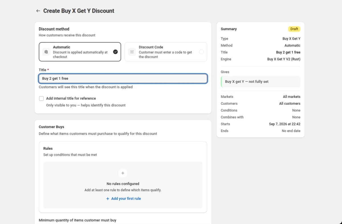 The DiscountOS Create Buy X Get Y Discount page: Discount method set to Automatic, Title Buy 2 get 1 free, the Add internal title for reference checkbox unticked, and a Customer Buys card with No rules configured and an Add your first rule link. The Summary on the right shows Type Buy X Get Y, Method Automatic, Title Buy 2 get 1 free, Markets All markets, Customers All customers, Conditions None and Combines with None.