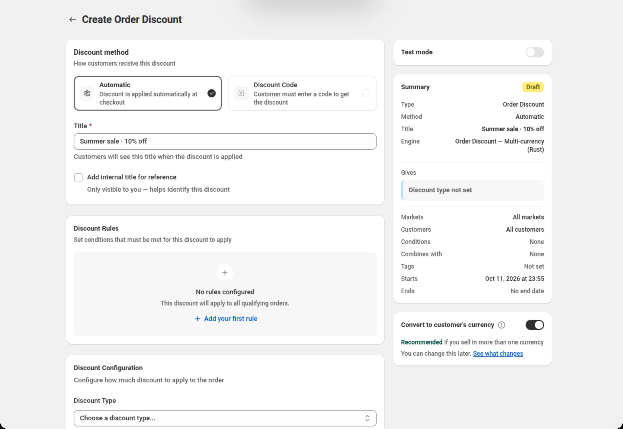 הנחת הזמנה שבה כרטיס Discount method מוגדר ל־Automatic, שדה Title מכיל Summer sale · 10% off, כרטיס Discount Rules ריק, וכרטיס Summary בצד ימין מציג את Type, Method, Title, Gives, Markets, Customers, Conditions, Combines with, Tags, Starts ו־Ends. מעל Summary, כרטיס Test mode במצב כבוי