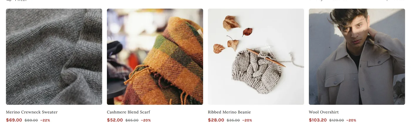 Four product cards: Merino Crewneck Sweater $69.00, $89.00 struck, −22%. Cashmere Blend Scarf $52.00, $65.00 struck, −20%. Ribbed Merino Beanie $28.00, $35.00 struck, −20%. Wool Overshirt $103.20, $129.00 struck, −20%