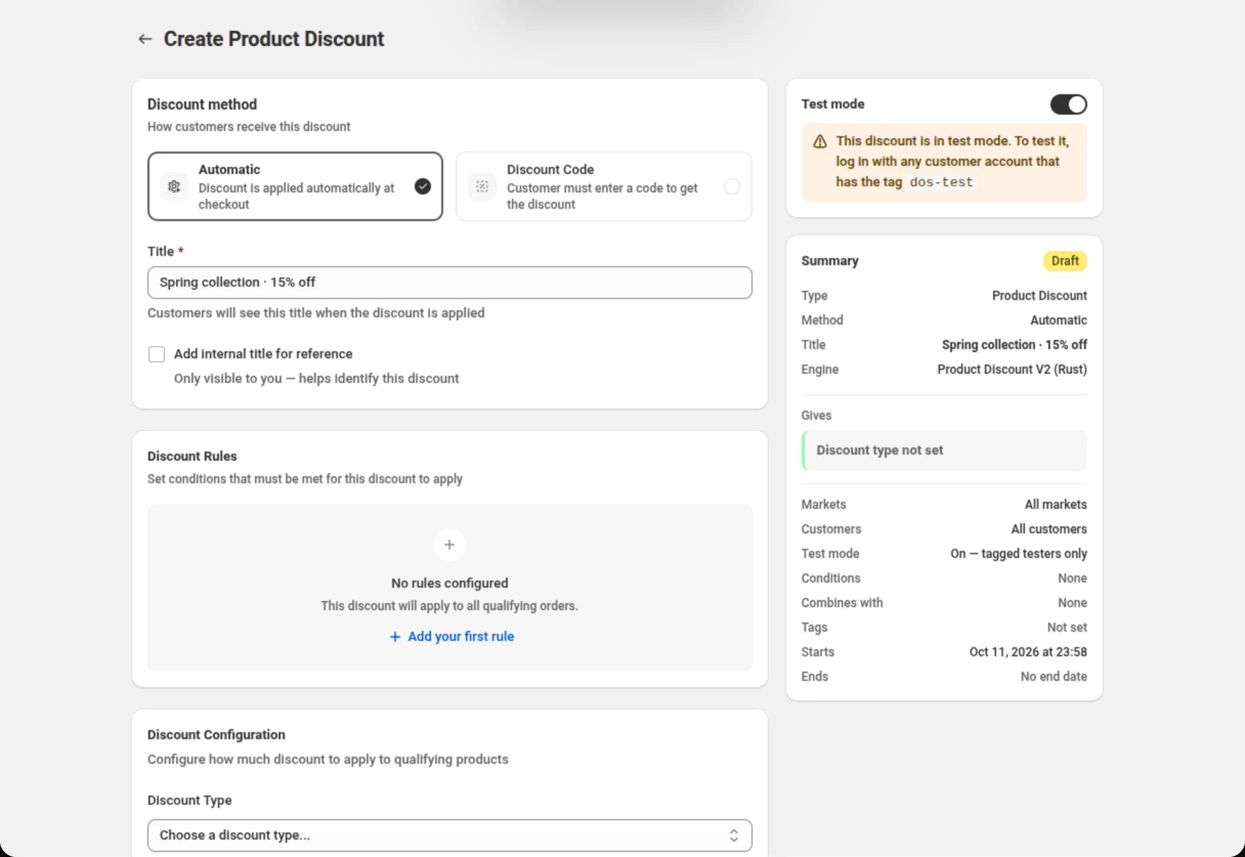 The Create Product Discount page with the Test mode card switched on, its warning reading This discount is in test mode. To test it, log in with any customer account that has the tag dos-test, and the Summary card below it with the row Test mode On — tagged testers only