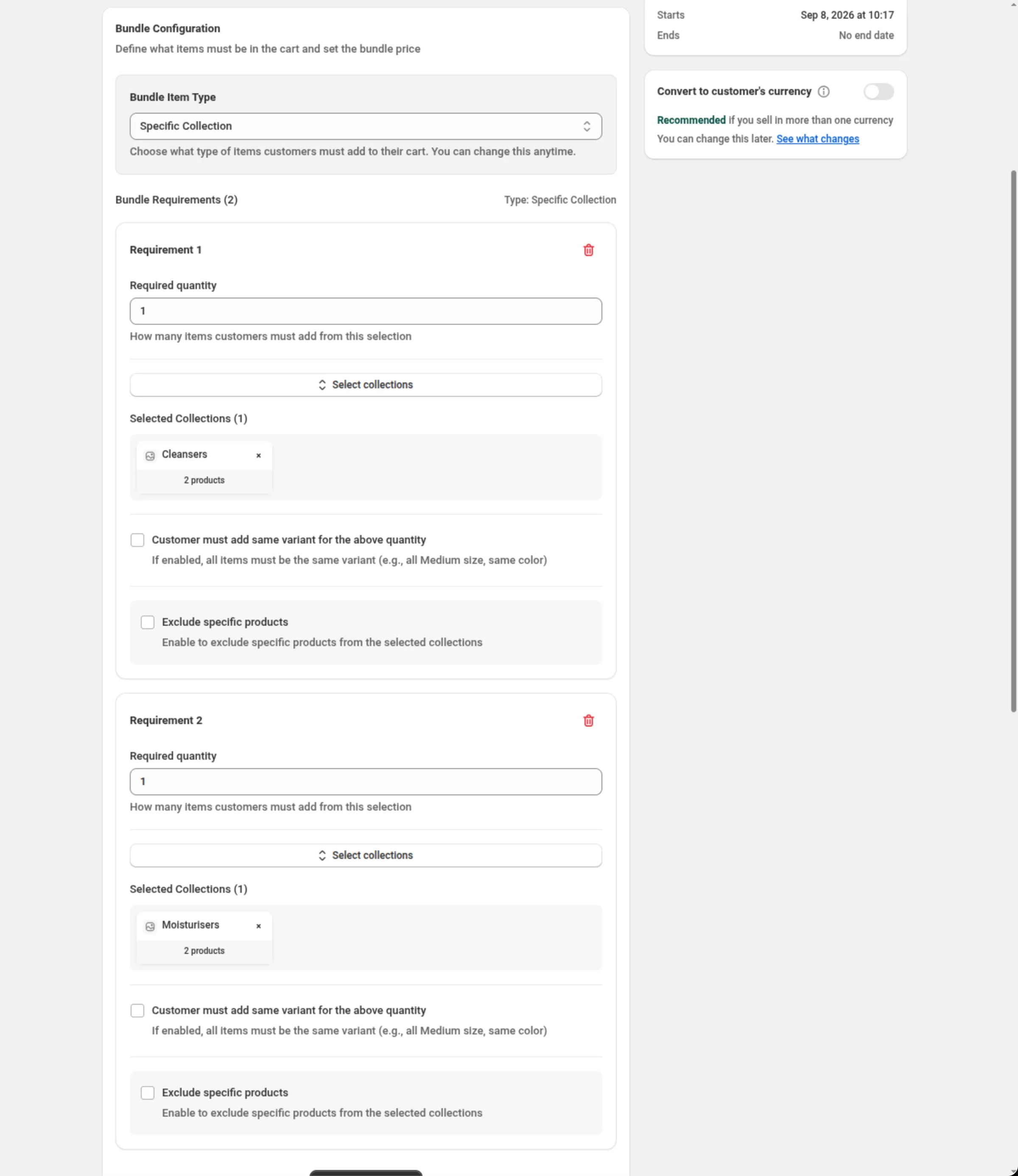 The Bundle Configuration card with Bundle Item Type set to Specific Collection and two requirements: Requirement 1 with Required quantity 1 and the collection Cleansers selected, Requirement 2 with Required quantity 1 and the collection Moisturisers selected, each with the Customer must add same variant and Exclude specific products checkboxes unticked, and the Add Requirement button below