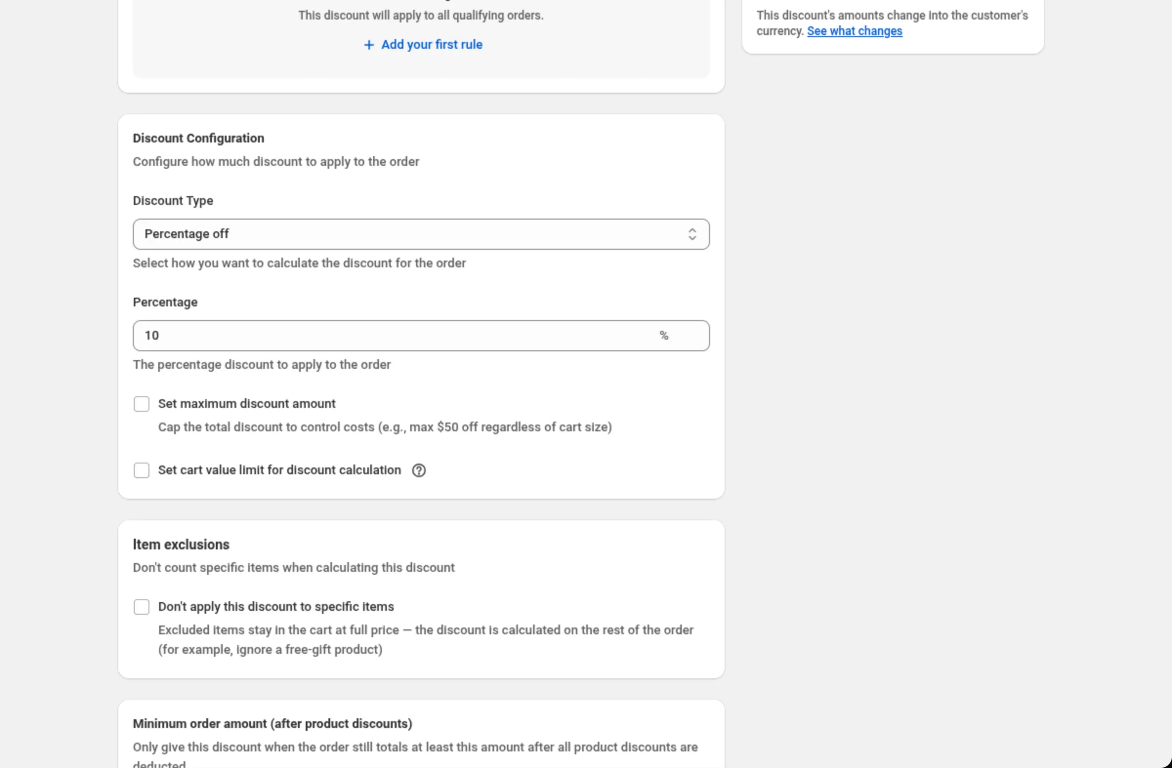 The Discount Configuration card with Discount Type set to Percentage off, Percentage set to 10, and the unticked checkboxes Set maximum discount amount and Set cart value limit for discount calculation