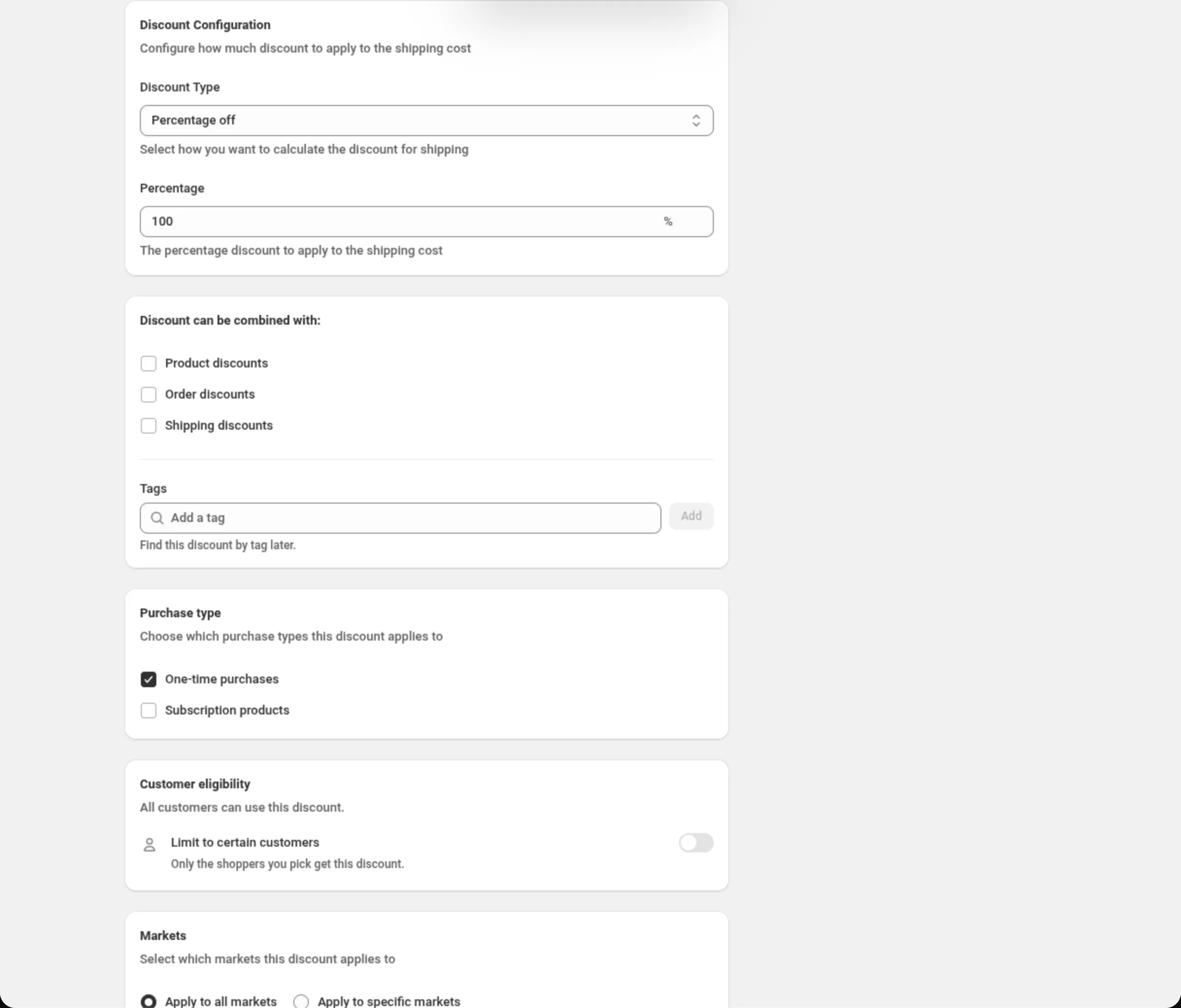 The Discount Configuration card with Discount Type set to Percentage off and Percentage set to 100, followed by the Discount can be combined with card with its Tags field, the Purchase type card, and the Customer eligibility card with Limit to certain customers switched off