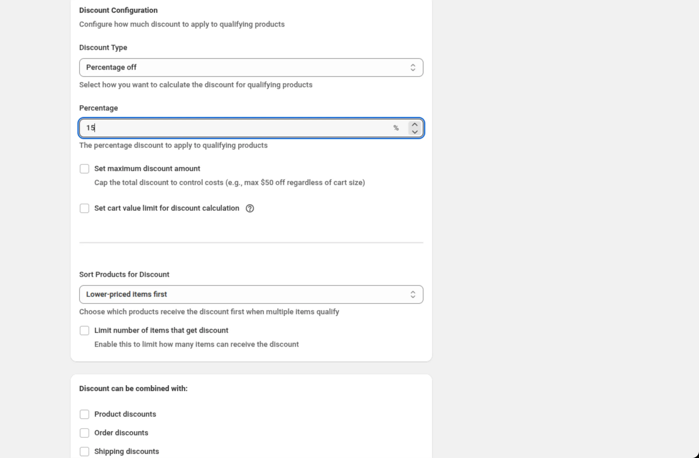 The Discount Configuration card with Discount Type set to Percentage off and Percentage set to 15, the maximum discount and cart value limit checkboxes unticked, and below them Sort Products for Discount set to Lower-priced items first and the unticked Limit number of items that get discount