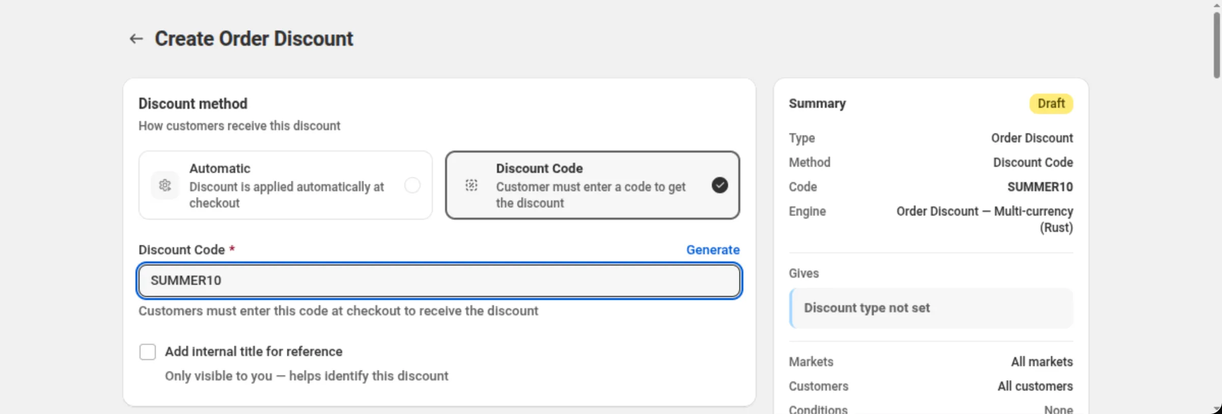 The Discount method card with Discount Code selected, the Generate action next to the Discount Code label, and the code SUMMER10 typed in