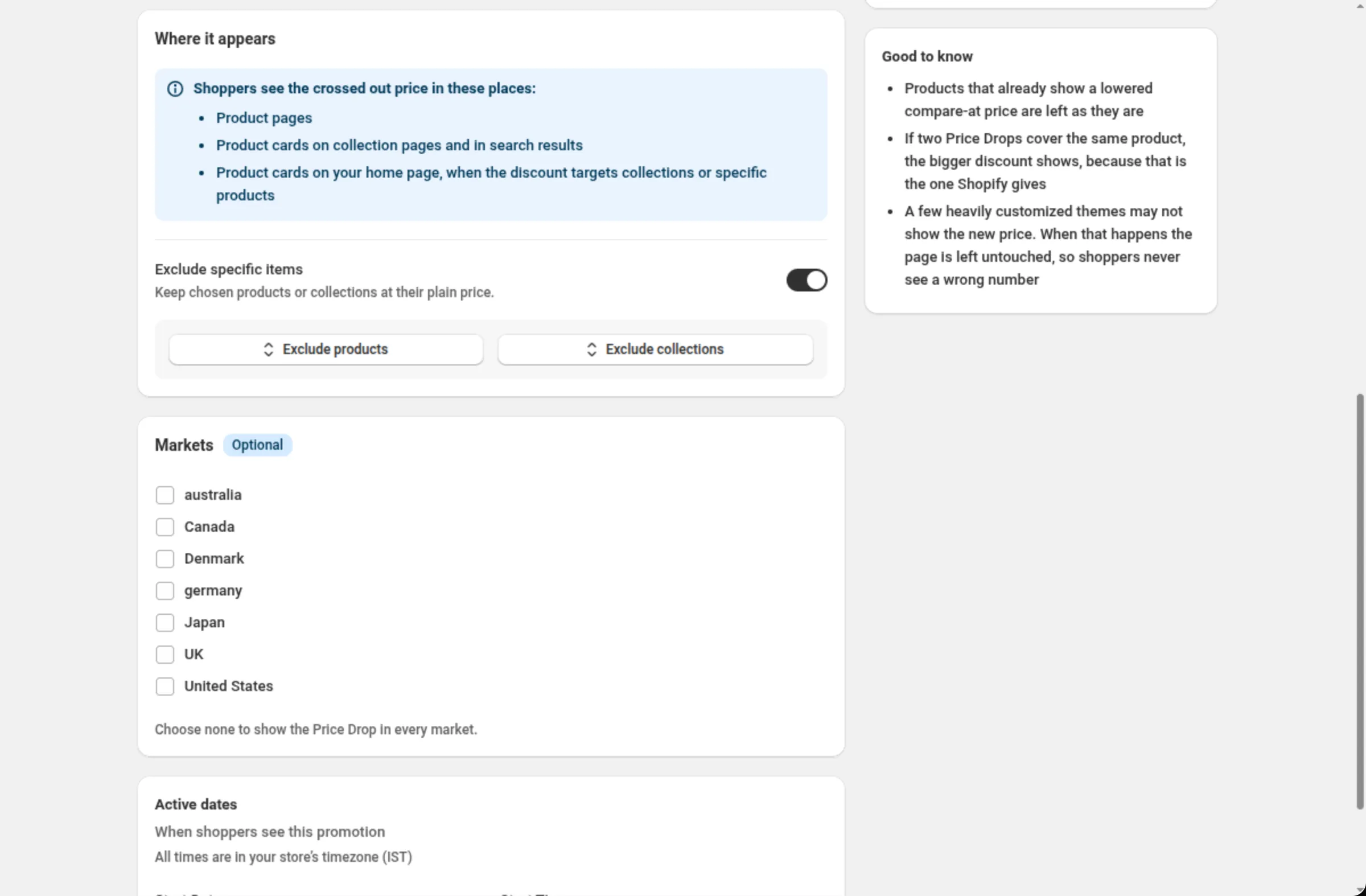The Where it appears card listing where shoppers see the crossed-out price, with Exclude specific items switched on showing the Exclude products and Exclude collections pickers, followed by the optional Markets card