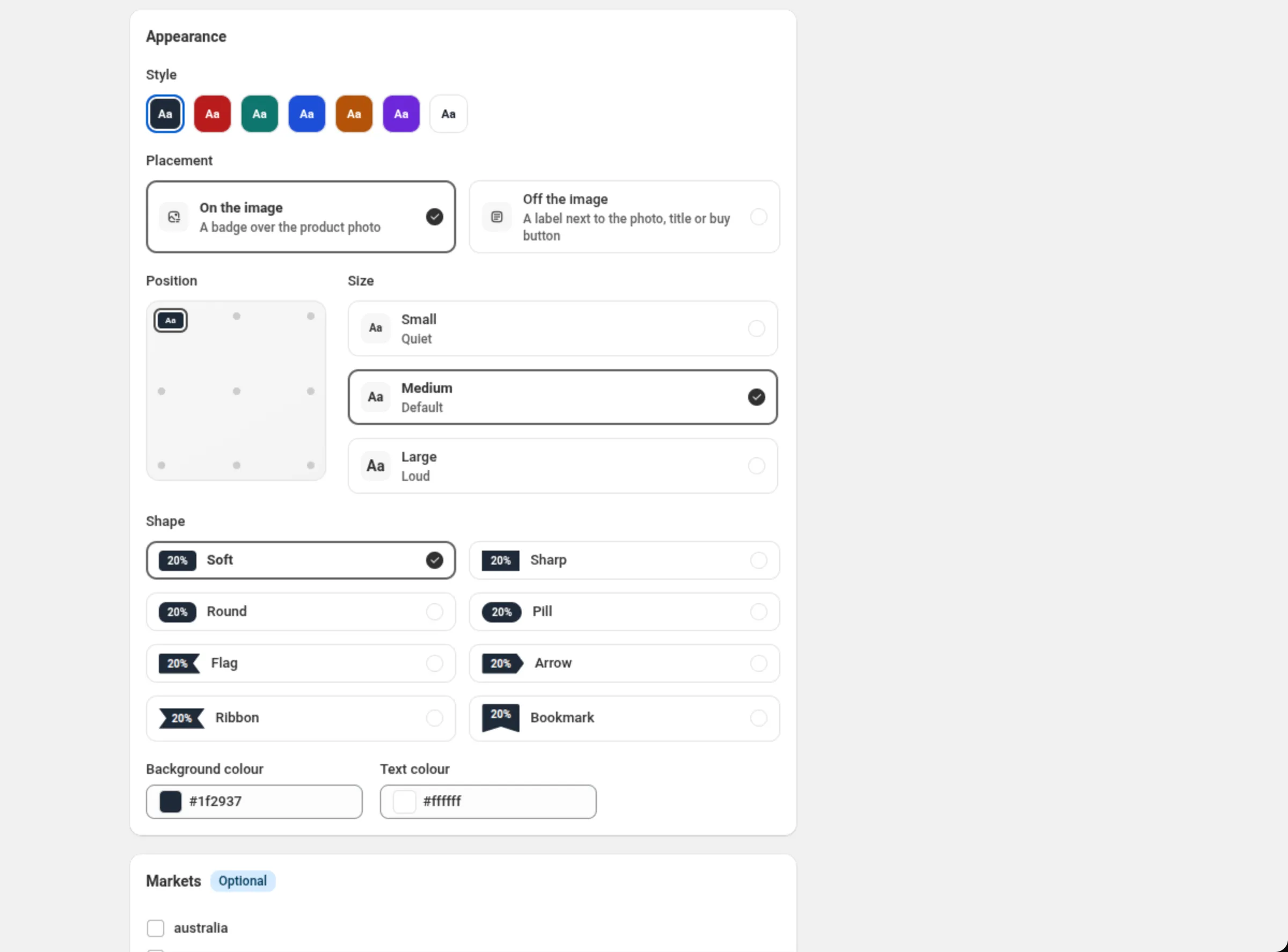The Appearance card with the Style swatches, Placement set to On the image, the Position grid, Size set to Medium, Shape set to Soft, and the Background colour and Text colour fields