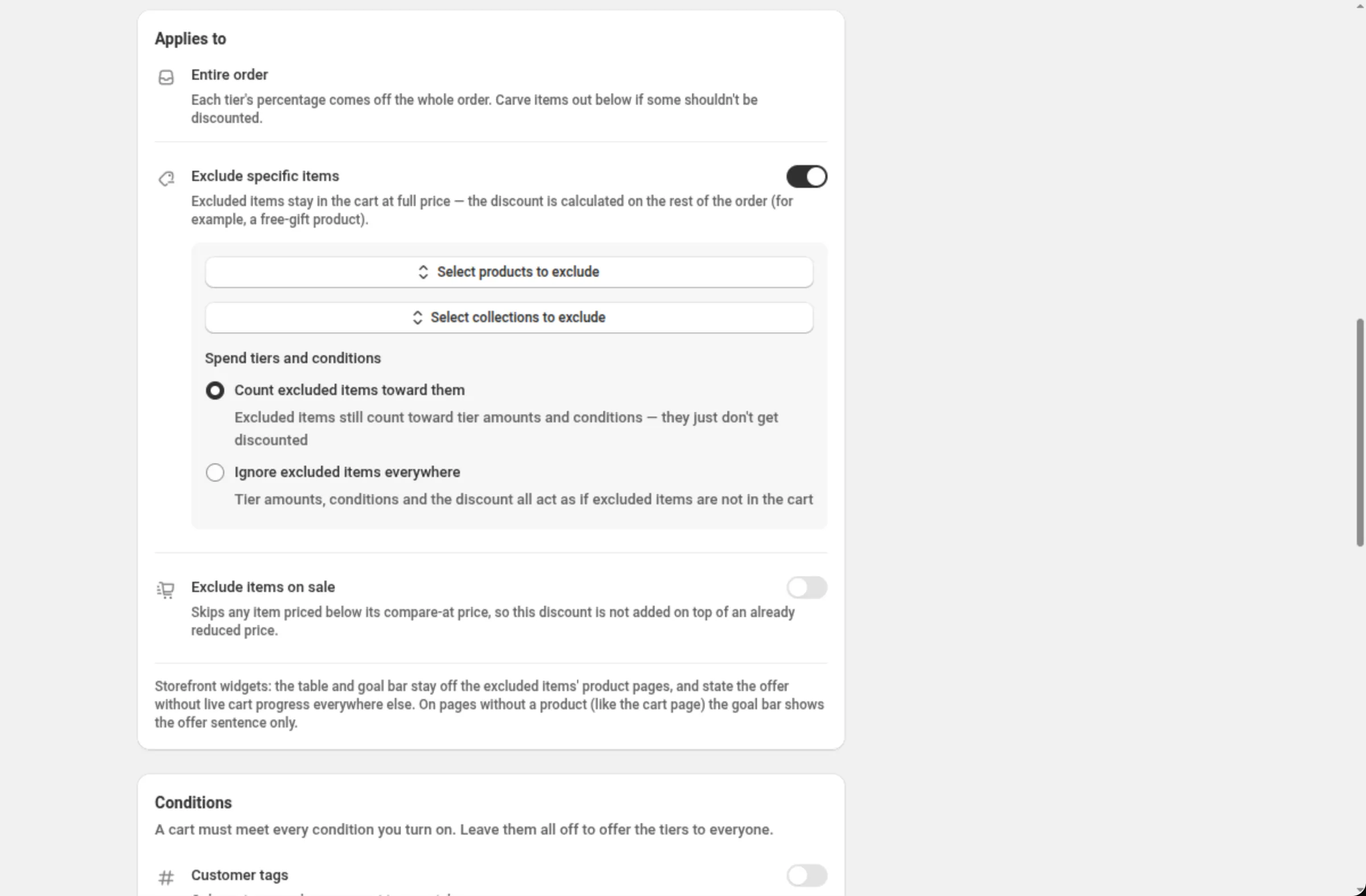 The Applies to card: Entire order at the top, Exclude specific items switched on with the Select products to exclude and Select collections to exclude pickers and the Spend tiers and conditions choice, then the Exclude items on sale row switched off
