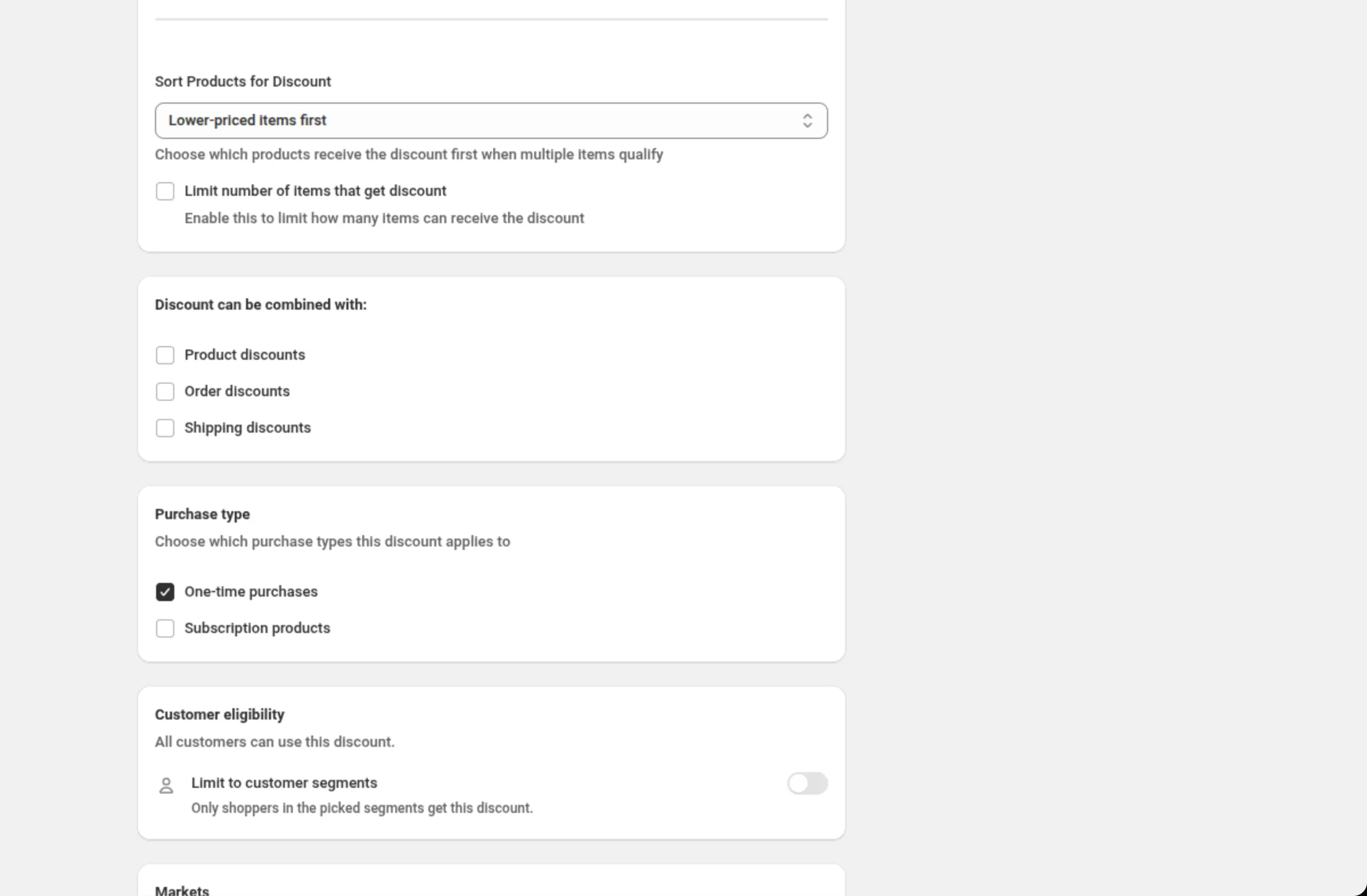 Sort Products for Discount set to Lower-priced items first with the Limit number of items that get discount checkbox, followed by the Discount can be combined with, Purchase type and Customer eligibility cards