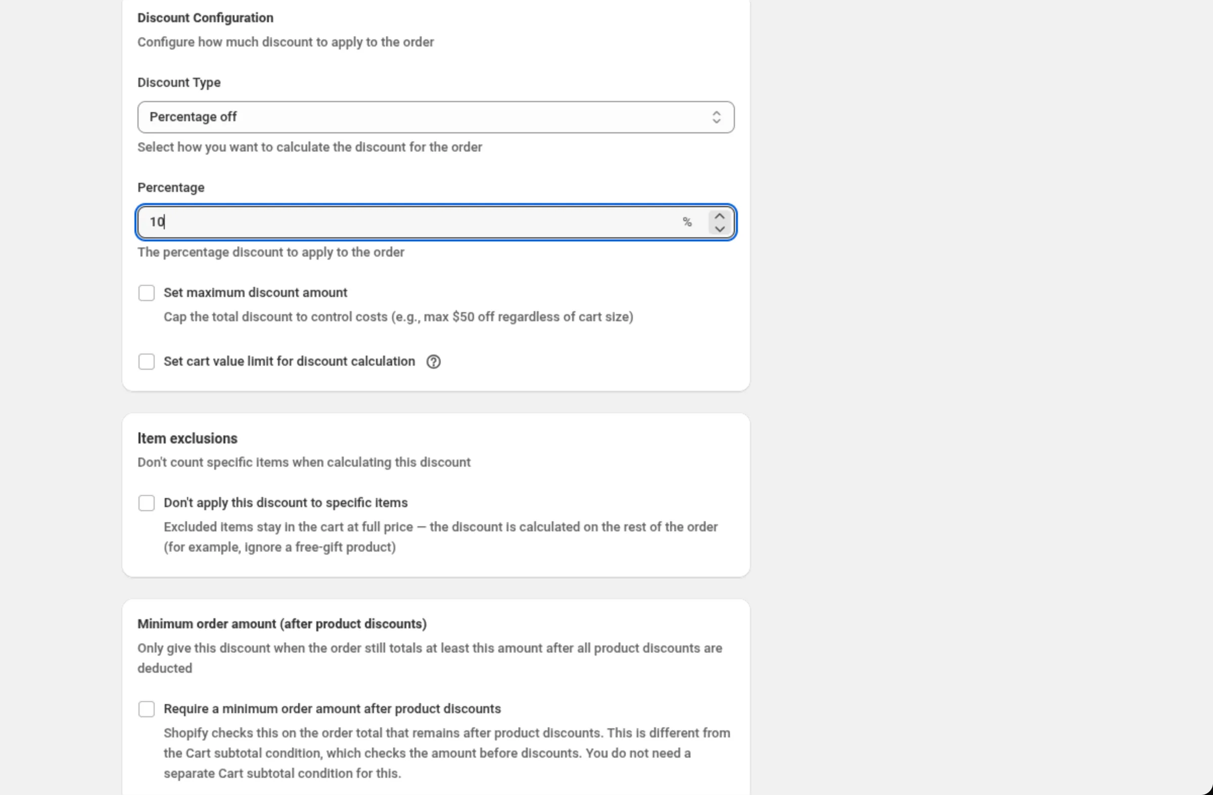 The Discount Configuration card with Discount Type set to Percentage off and Percentage set to 10, above the Item exclusions and Minimum order amount cards, all checkboxes unticked.