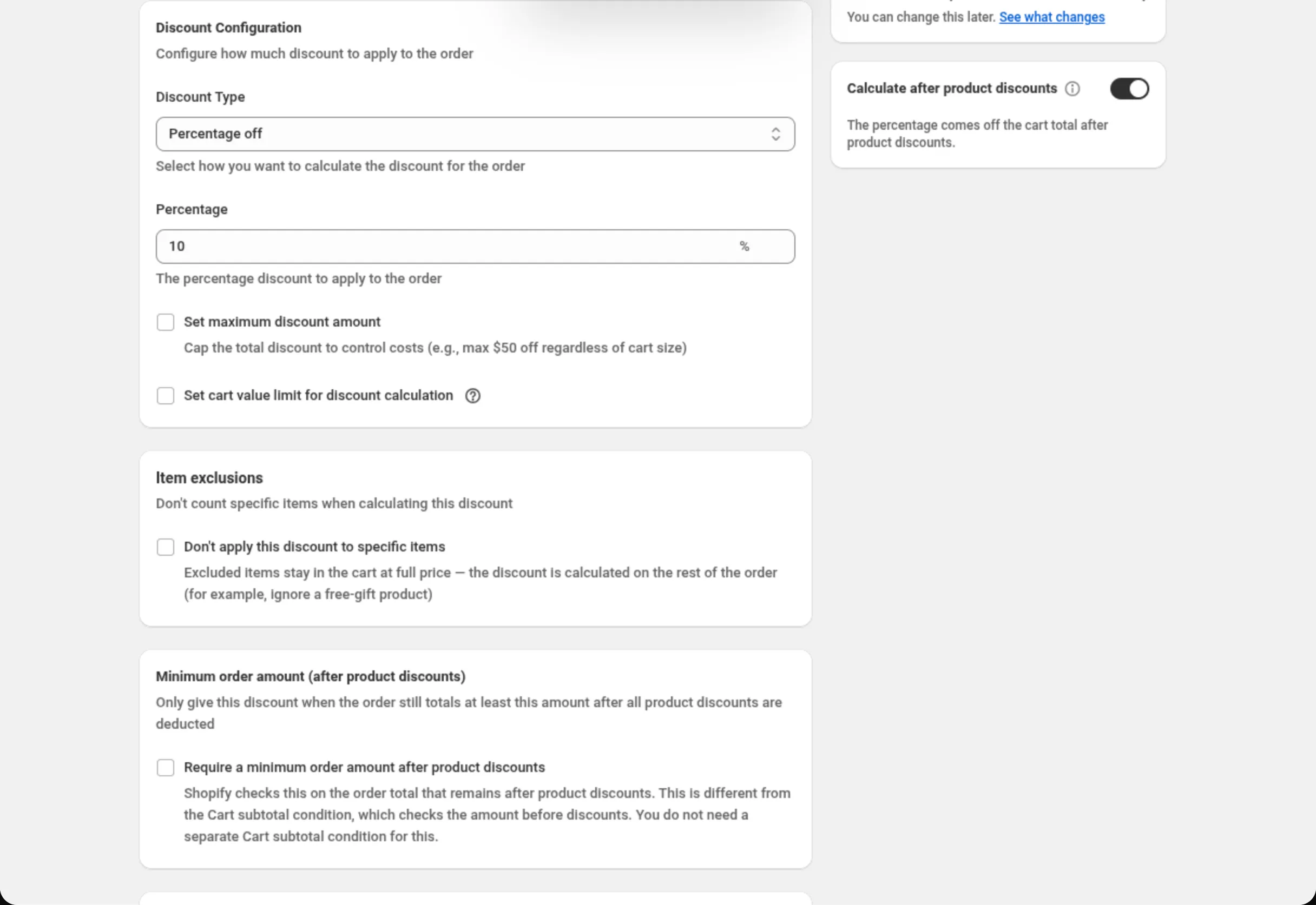 כרטיס Discount Configuration כש־Discount Type מוגדר ל־Percentage off, Percentage מוגדר ל־10, ותיבות הסימון Set maximum discount amount ו־Set cart value limit for discount calculation אינן מסומנות; מימין כרטיס Calculate after product discounts במצב מופעל, עם הטקסט The percentage comes off the cart total after product discounts; ומתחת, הכרטיסים Item exclusions ו־Minimum order amount (after product discounts)
