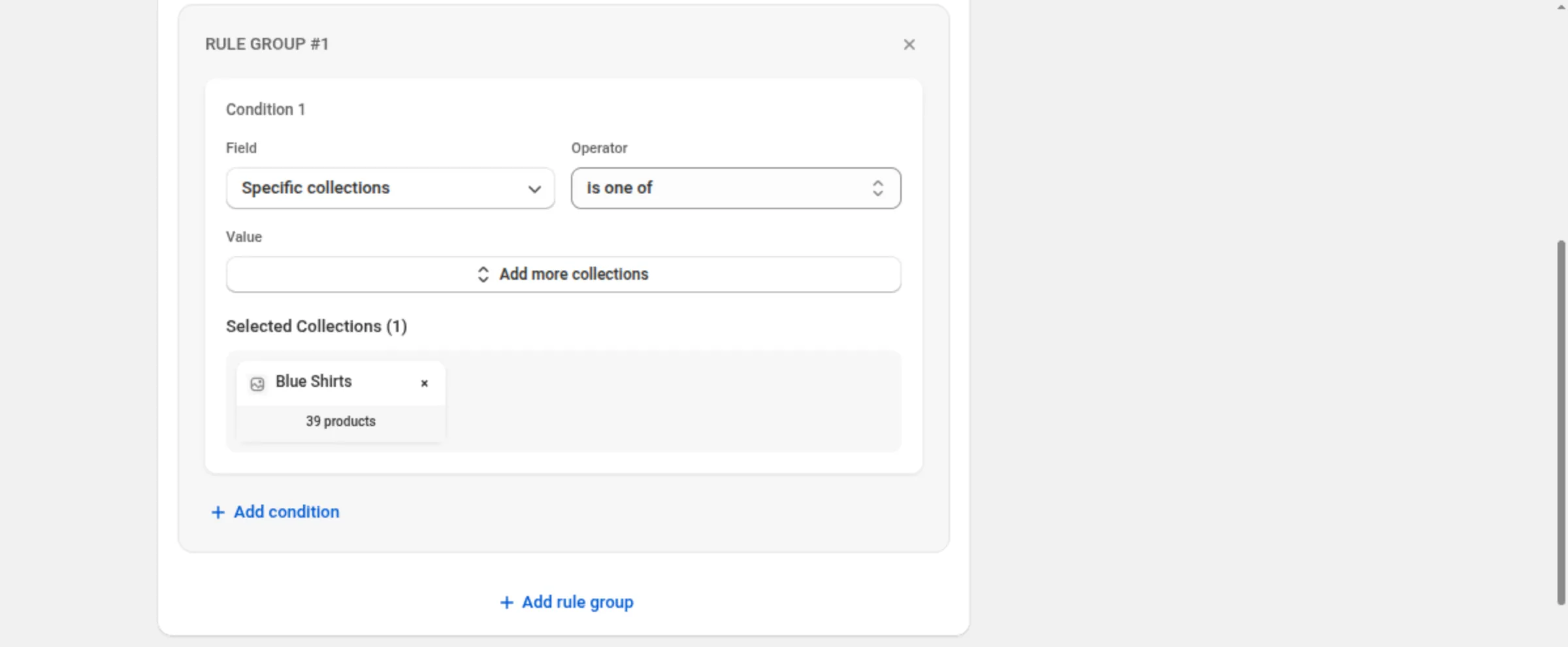 RULE GROUP #1 with one condition set to Specific collections · is one of · Blue Shirts, the selected collection shown as a card with its product count, and the Add condition and Add rule group buttons