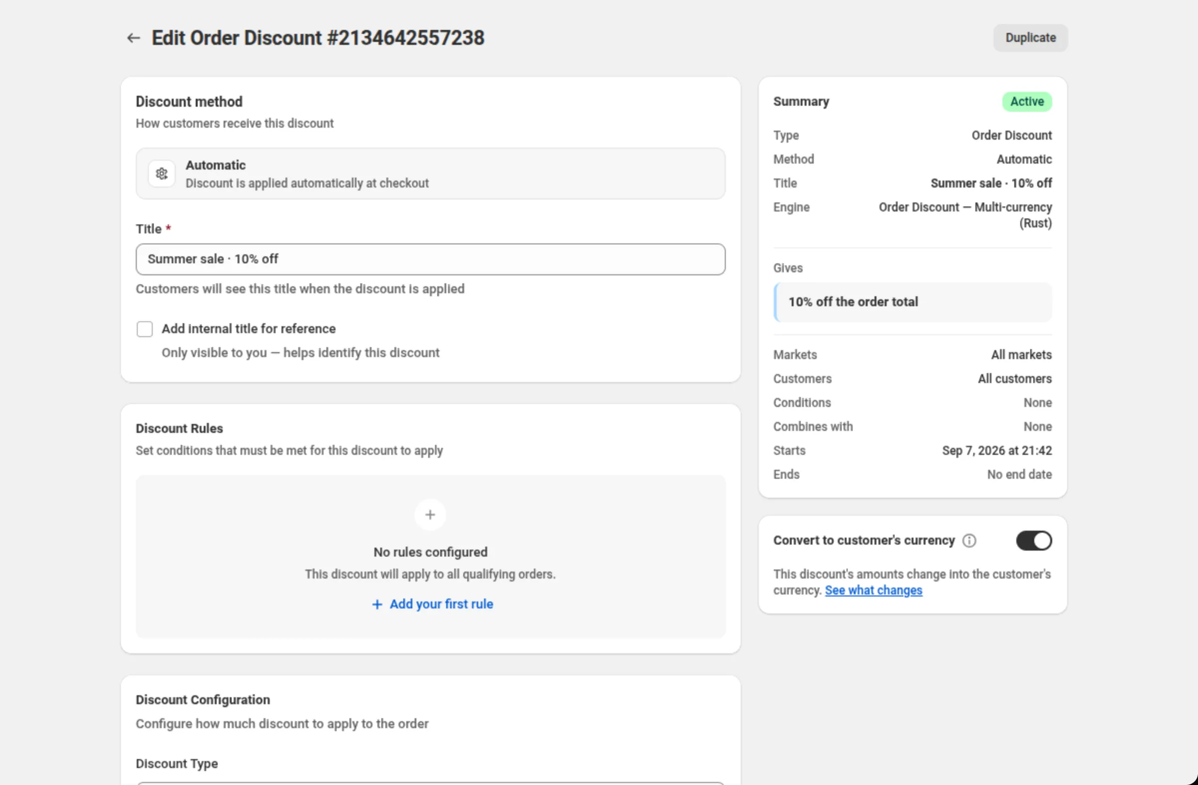 An order discount with the Discount method card set to Automatic, the Title field reading Summer sale · 10% off, an empty Discount Rules card, and the Summary card on the right showing Type, Method, Title, Gives, Markets, Customers, Conditions, Combines with, Starts and Ends