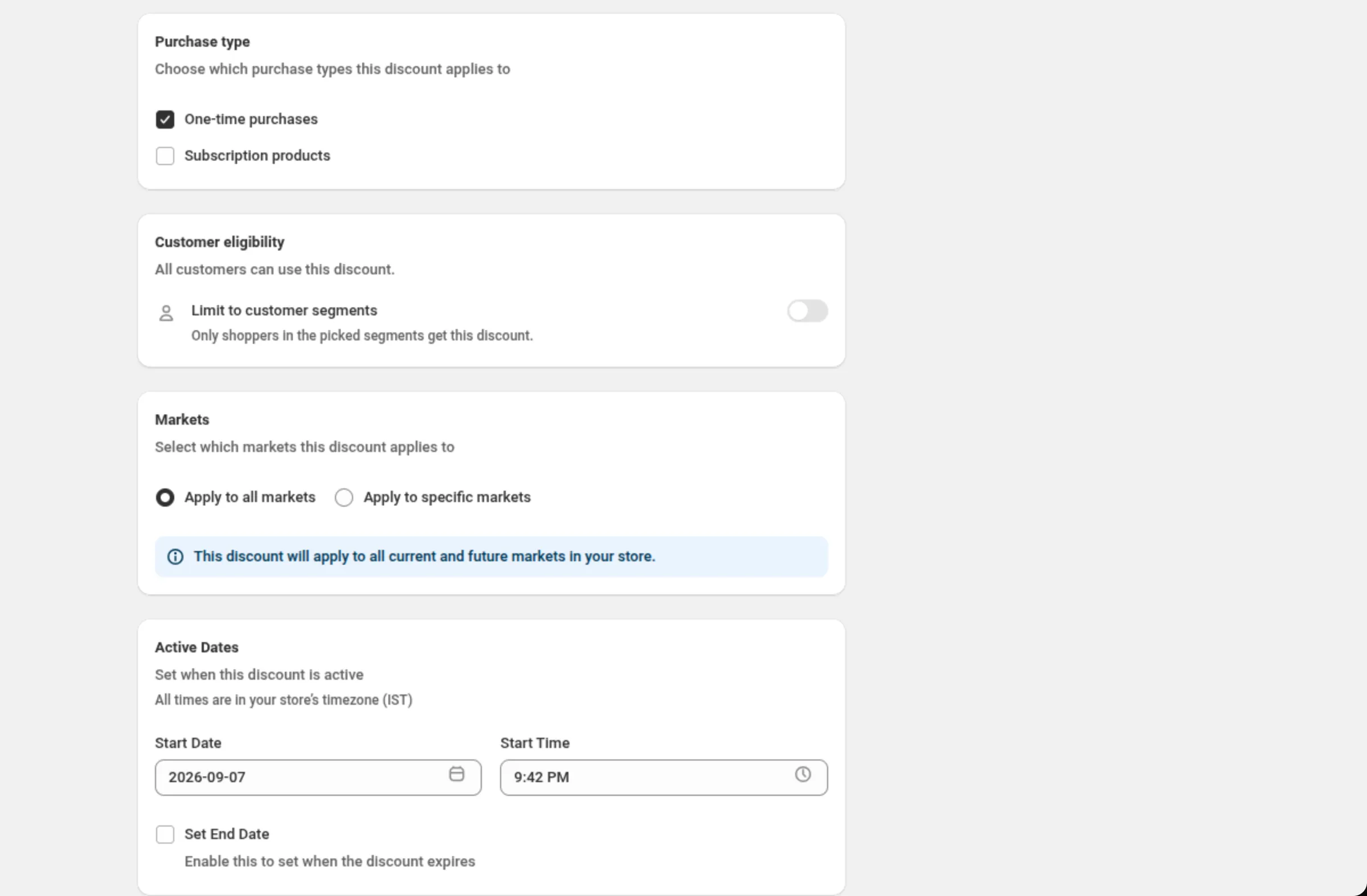 The Active Dates card with a start date and time, the note All times are in your store's timezone, and the Set End Date checkbox