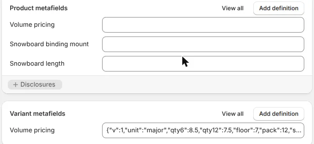 The Shopify product page showing a Product metafields card with an empty Volume pricing field above a Variant metafields card whose Volume pricing field holds a JSON value