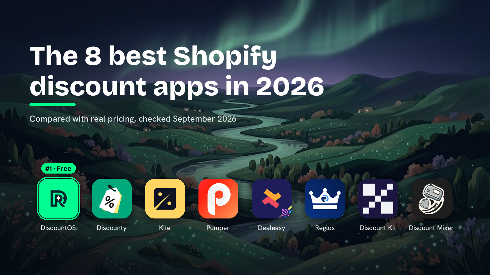Eight Shopify discount app icons in a grid with their ratings and pricing, DiscountOS first.