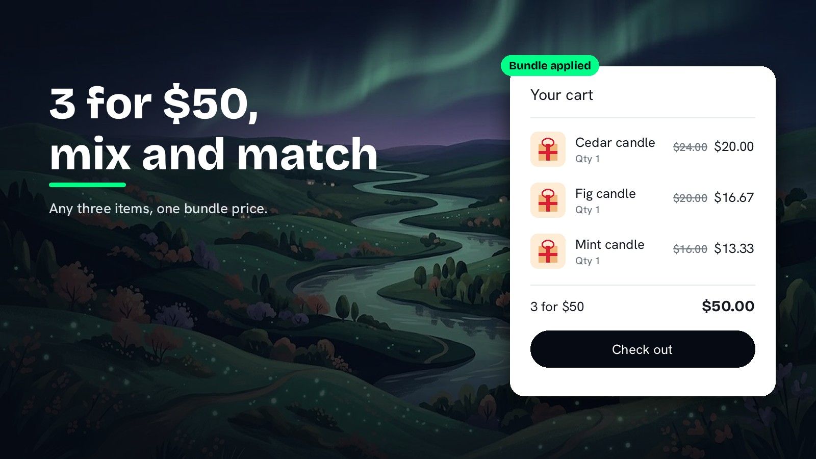 A painted valley under green northern lights with the heading 3 for $50, mix and match and the subline Any three items, one bundle price, next to a cart card tagged Bundle applied listing a Cedar candle from $24.00 to $20.00, a Fig candle from $20.00 to $16.67 and a Mint candle from $16.00 to $13.33, a 3 for $50 total of $50.00 and a Check out button.