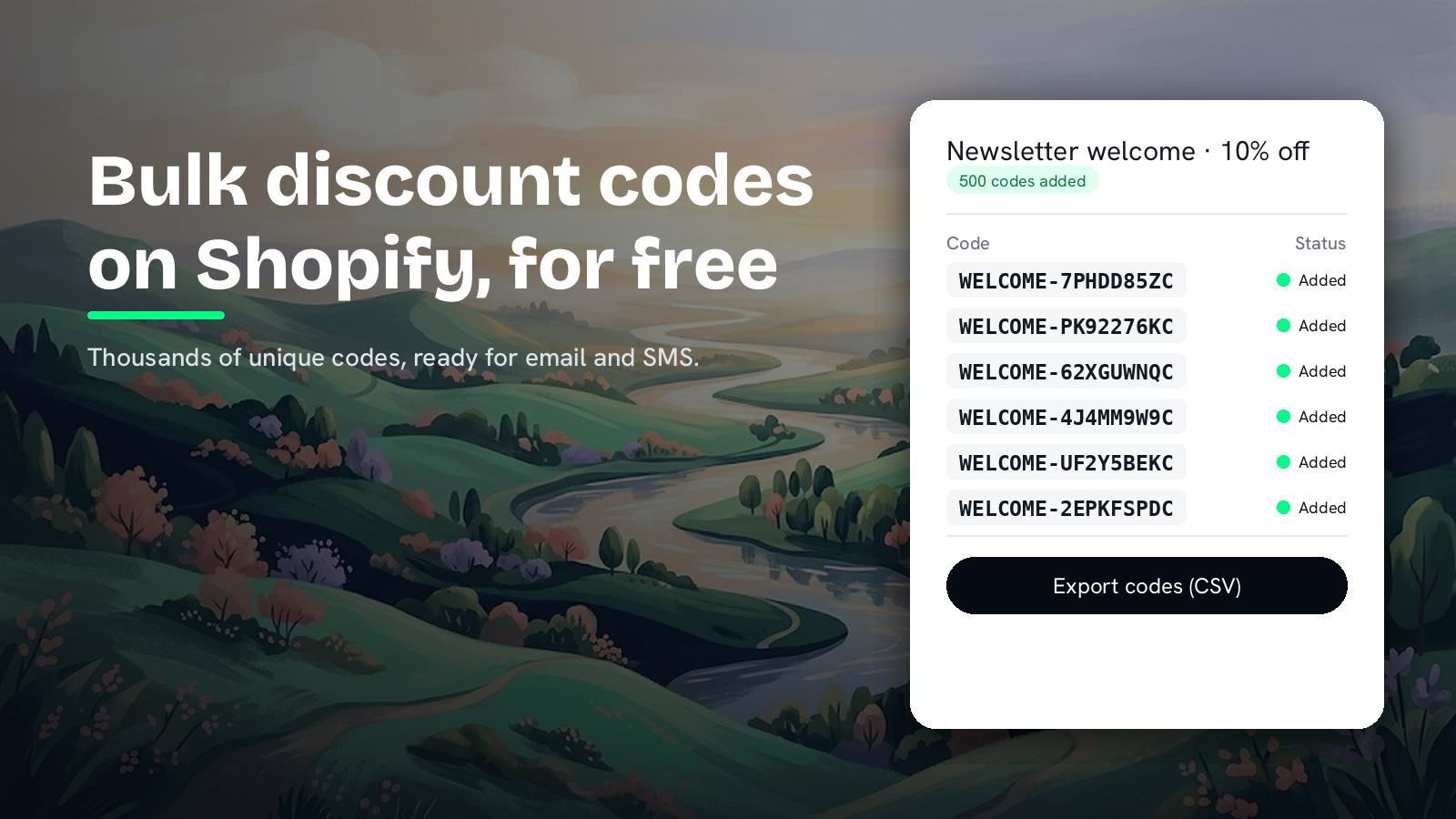 A painted valley with the heading Bulk discount codes on Shopify, for free, next to a list of unique WELCOME- codes marked Added and an Export codes (CSV) button.